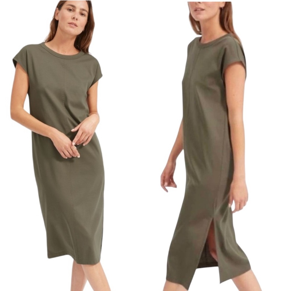 Everlane Olive Green The Luxe Cotton Side Slit Midi Tee Shirt Dress - M